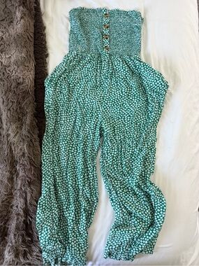 Smocked Strapless Green Floral Jumpsuit